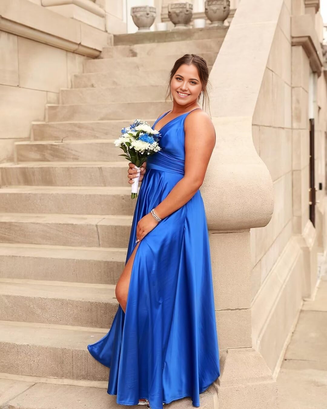 A-line V Neck Spaghetti Straps Satin Long formal dresses Bridesmaid Dresses evening gown Prom Dress