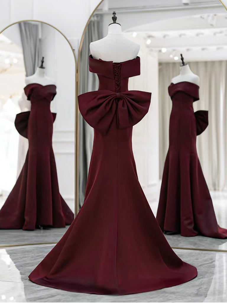 Simple Off Shoulder Satin Mermaid Burgundy Long Prom Dress, Burgundy Long Formal Dress