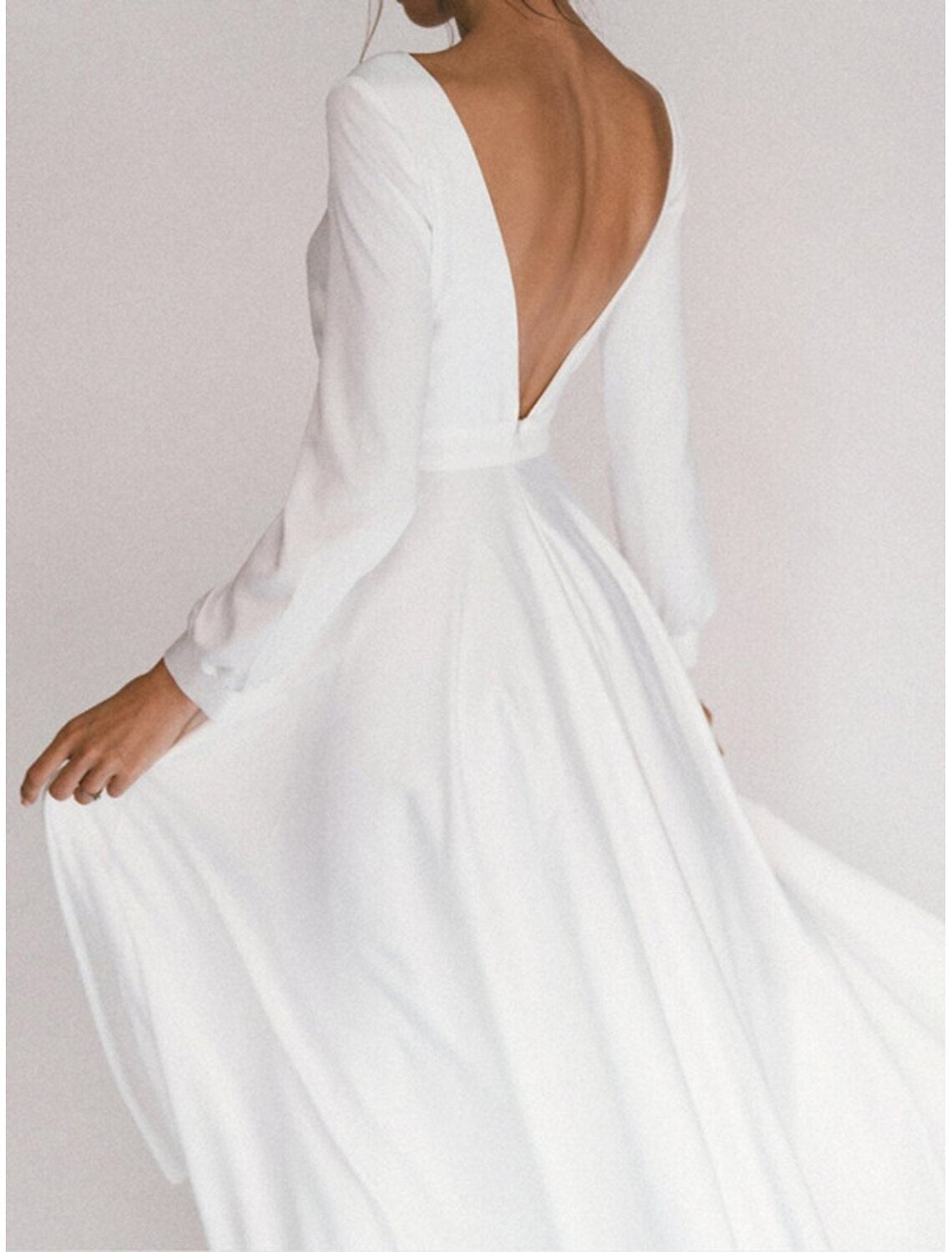 Aimishang Bridal Shower Little White Dresses Casual Wedding Dresses A-Line Square Neck Long Sleeve Ankle Length Chiffon Bridal Gowns With Pleats