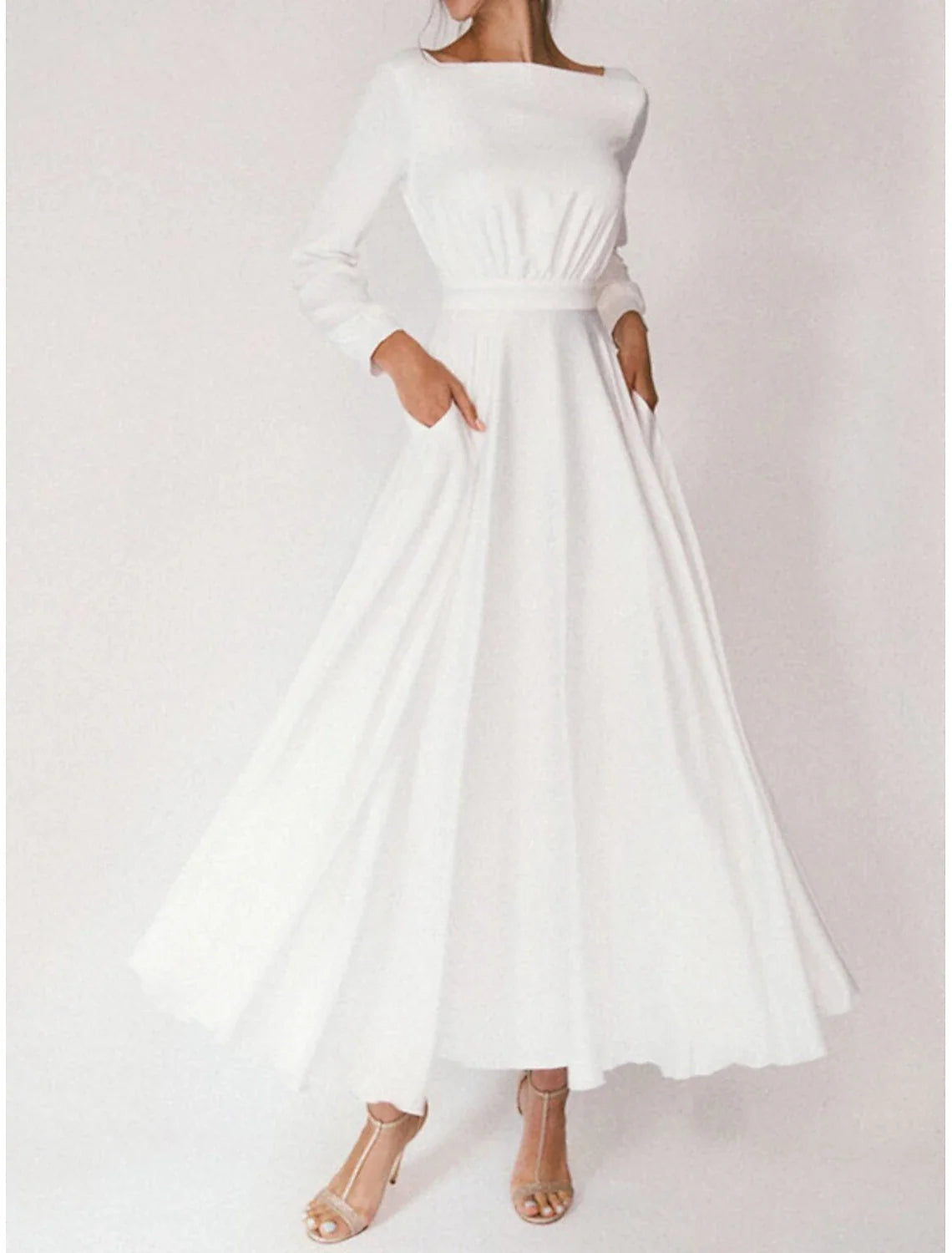 Aimishang Bridal Shower Little White Dresses Casual Wedding Dresses A-Line Square Neck Long Sleeve Ankle Length Chiffon Bridal Gowns With Pleats