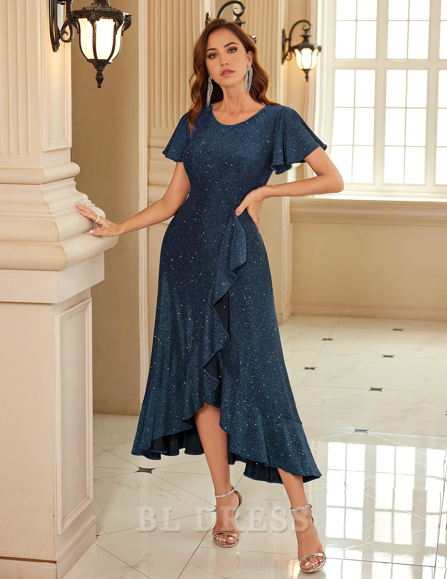 A-line Crew Neck Sequin Short Sleeve formal dresses Bridesmaid Dresses evening gown Prom Dress
