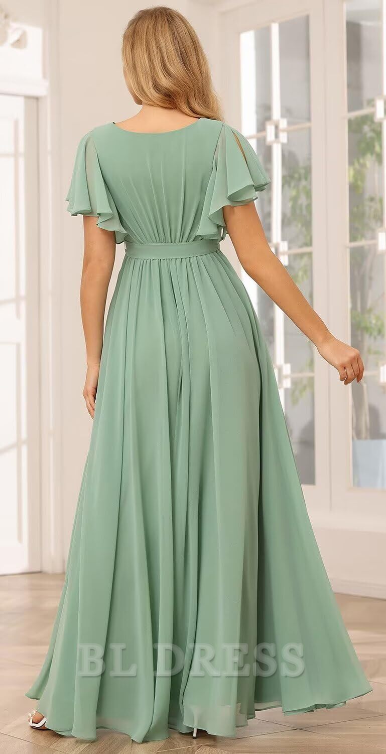 A-line V Neck Chiffon Flutter Sleeve formal dresses Bridesmaid Dresses evening gown Prom Dress