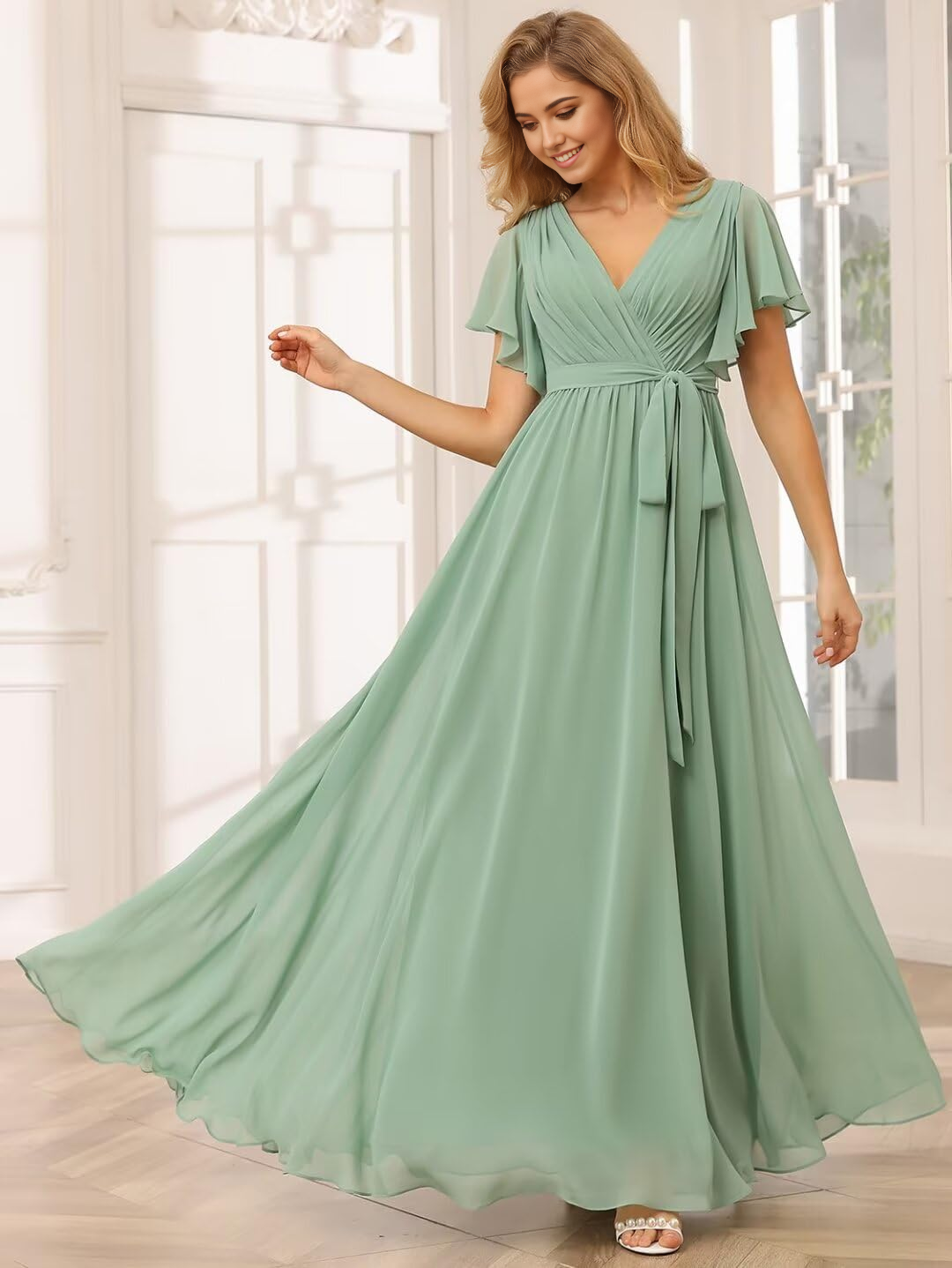 A-line V Neck Chiffon Flutter Sleeve formal dresses Bridesmaid Dresses evening gown Prom Dress