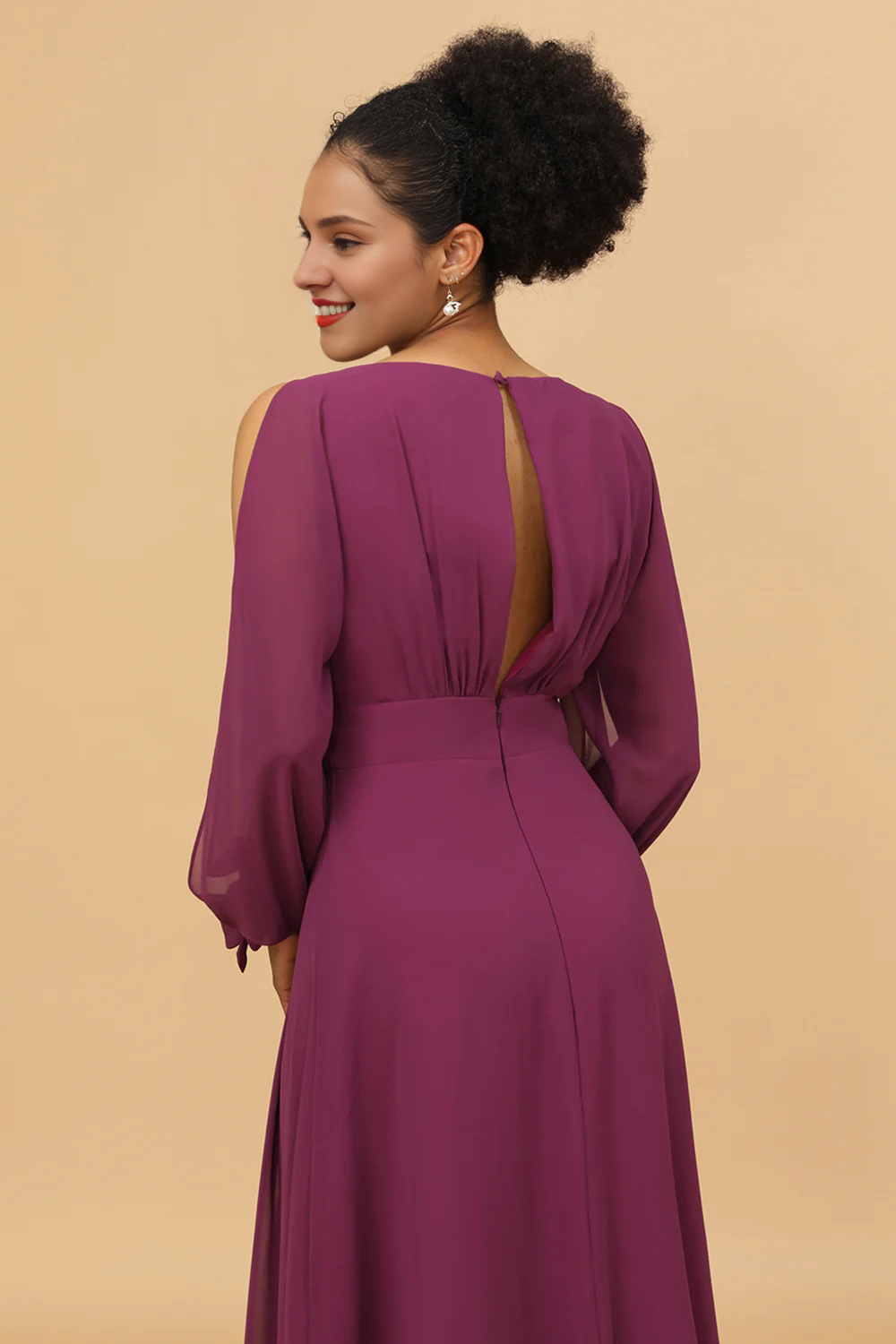 Purple long sleeved bow V-neck chiffon bridesmaid dress
