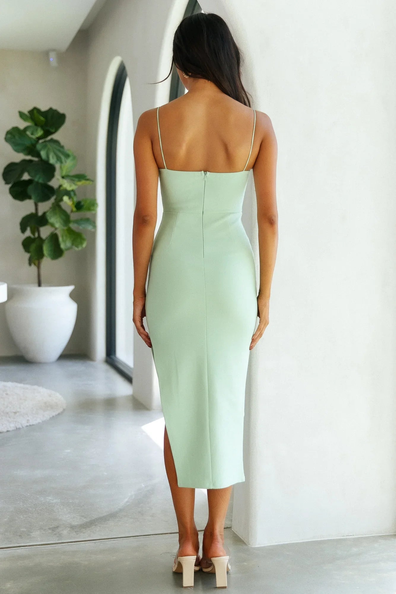 Jimiss heart-shaped neckline thin shoulder straps side slit mid length Prom dress