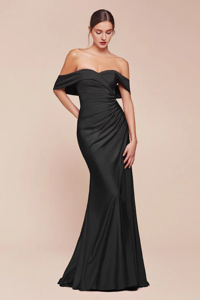 Off shoulder satin side slits and floor length godons evening dresses