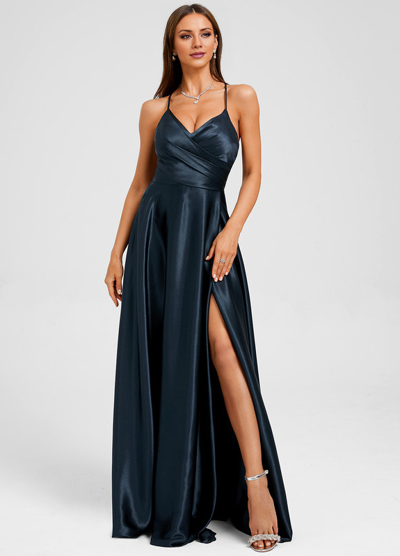 A-line V-neck floor-length pleated satin prom dress