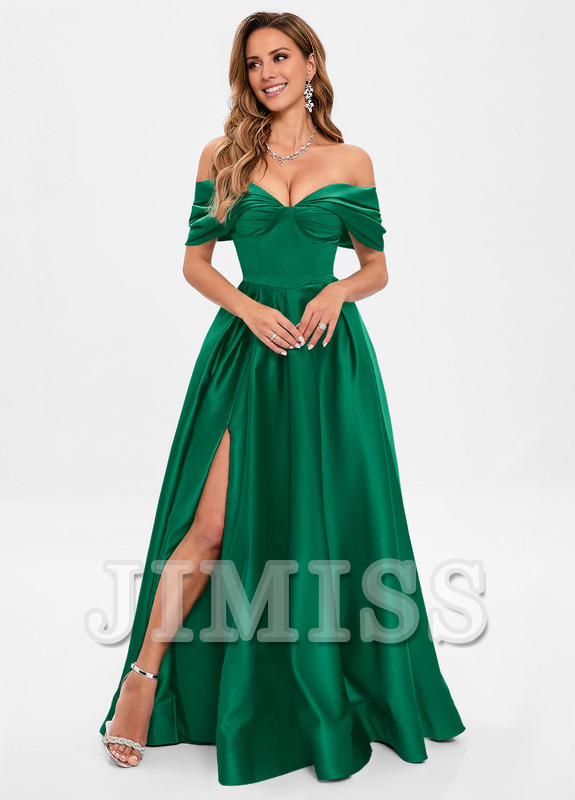 A-line pleated off-the-shoulder floor-length satin prom dress