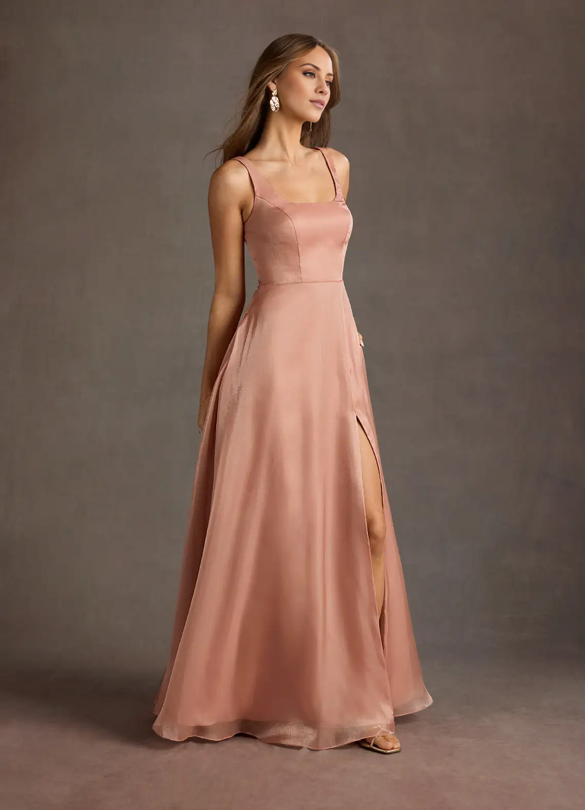 Jimiss square neckline satin side slit backless and floor length Prom dress