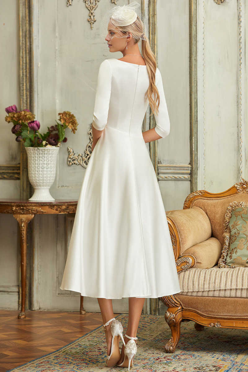 A-line V-neck tea 3/4 sleeve satin wedding dress