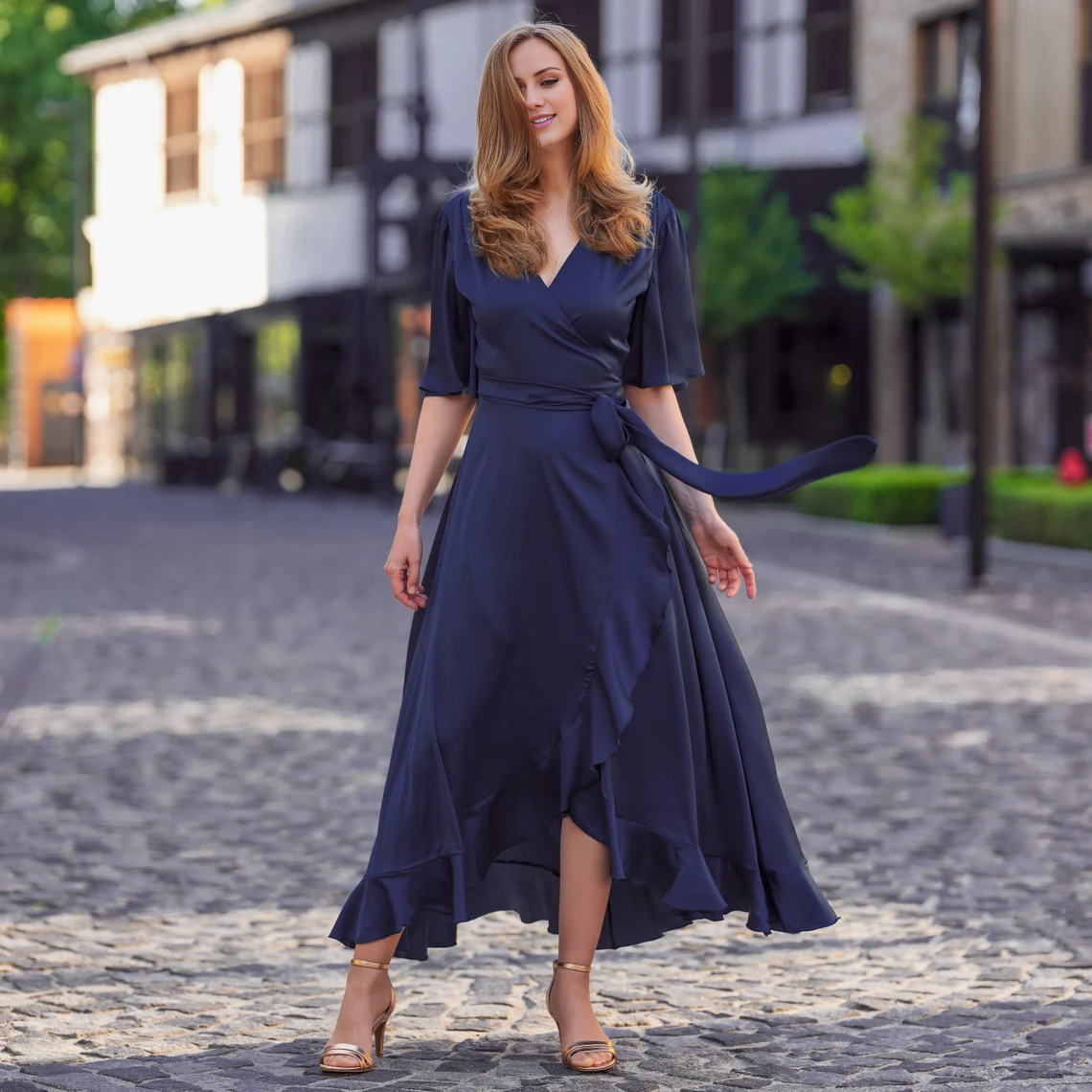 Jimiss short sleeved V-neck asymmetrical skirt with side slit long evening dress