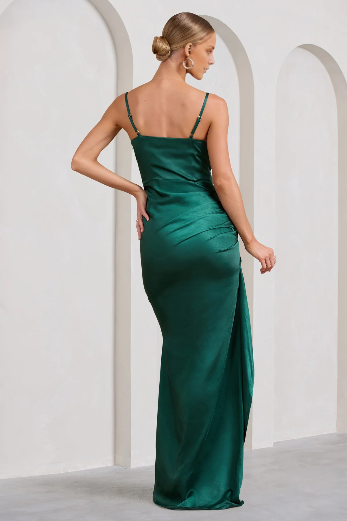 Thin shoulder strap satin pleated side slit and floor length evening dress - Jimiss Dress