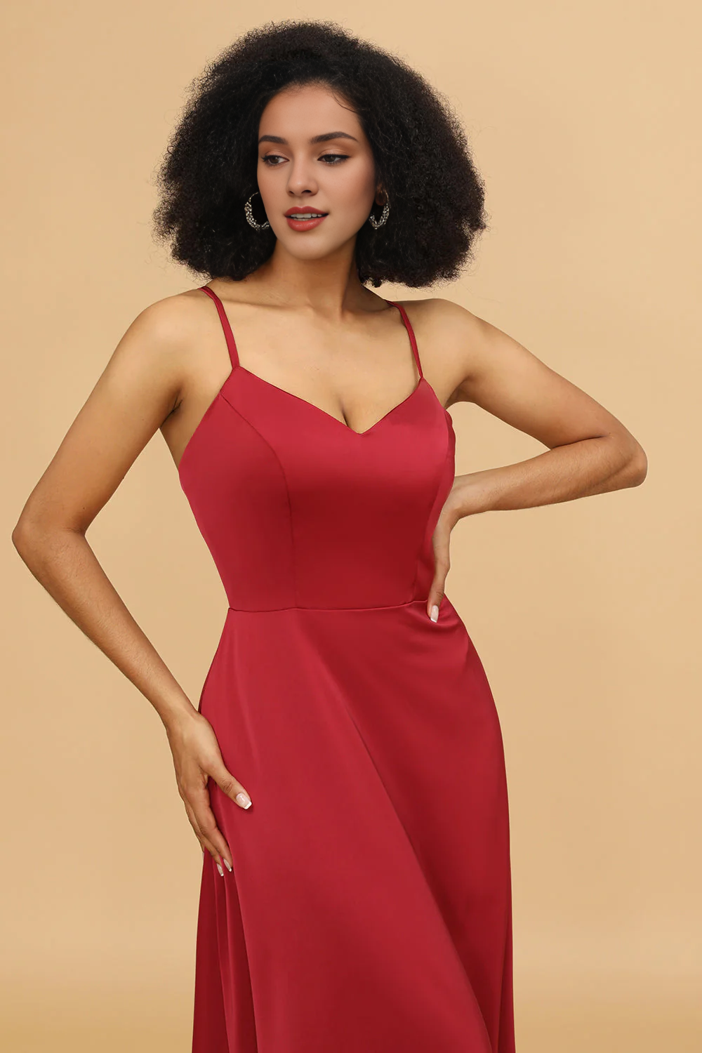 Red A-line thin shoulder strap and satin bridesmaid dress