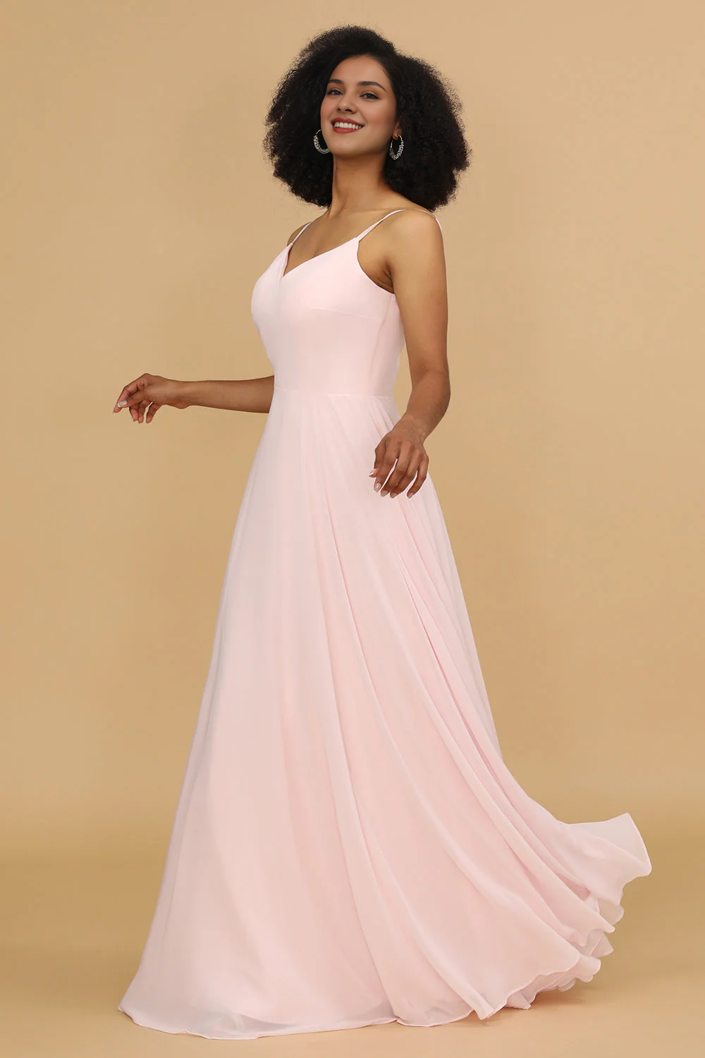 Pink A-line slim shoulder chiffon long bridesmaid dress