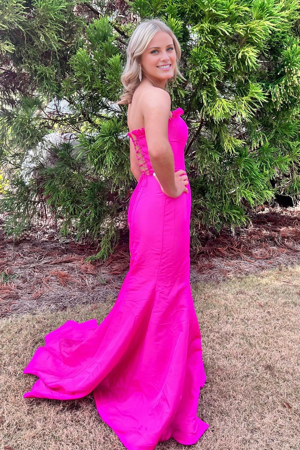 Jimiss off shoulder red satin slit with fish tail long dress