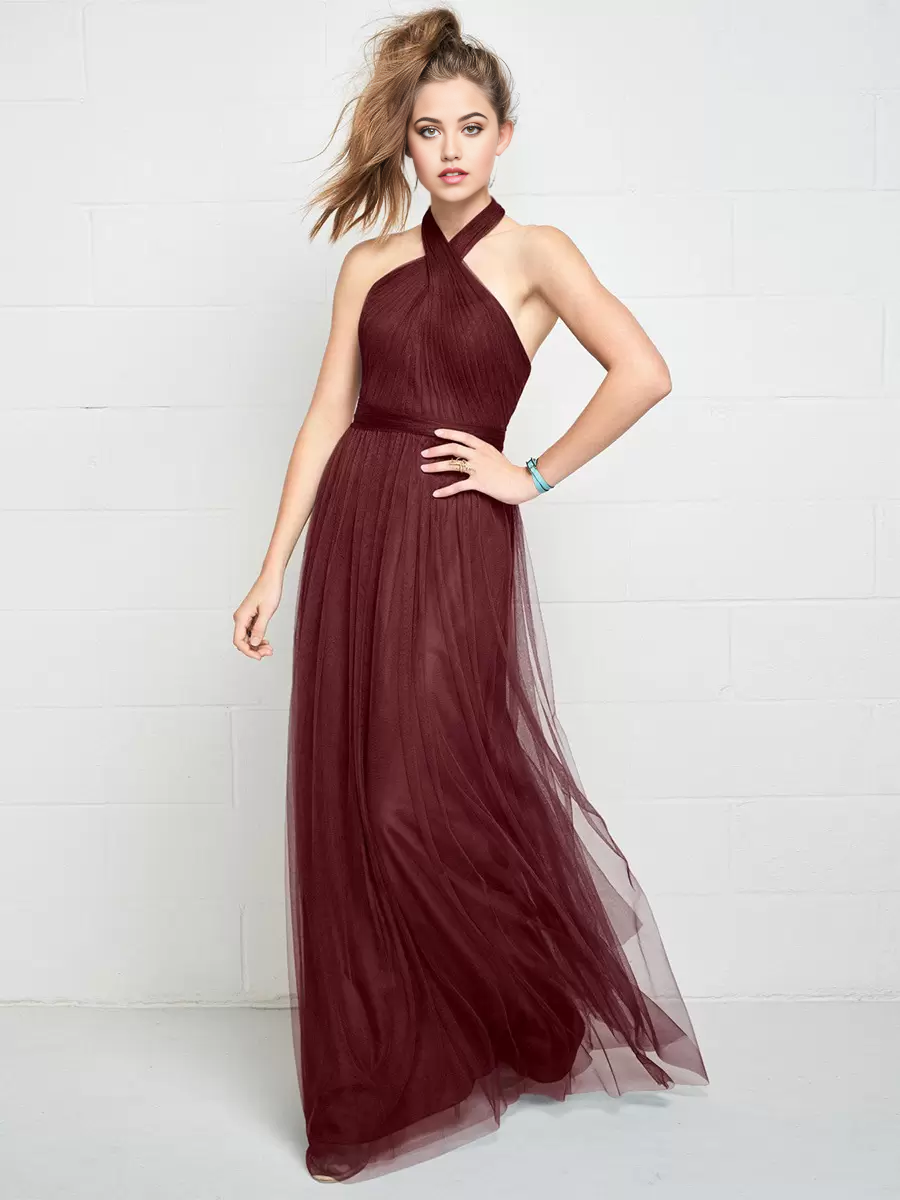 A-Line Halter Open Back Ruched Tulle Wedding Party Dresses formal dresses evening gown Bridesmaid Dress