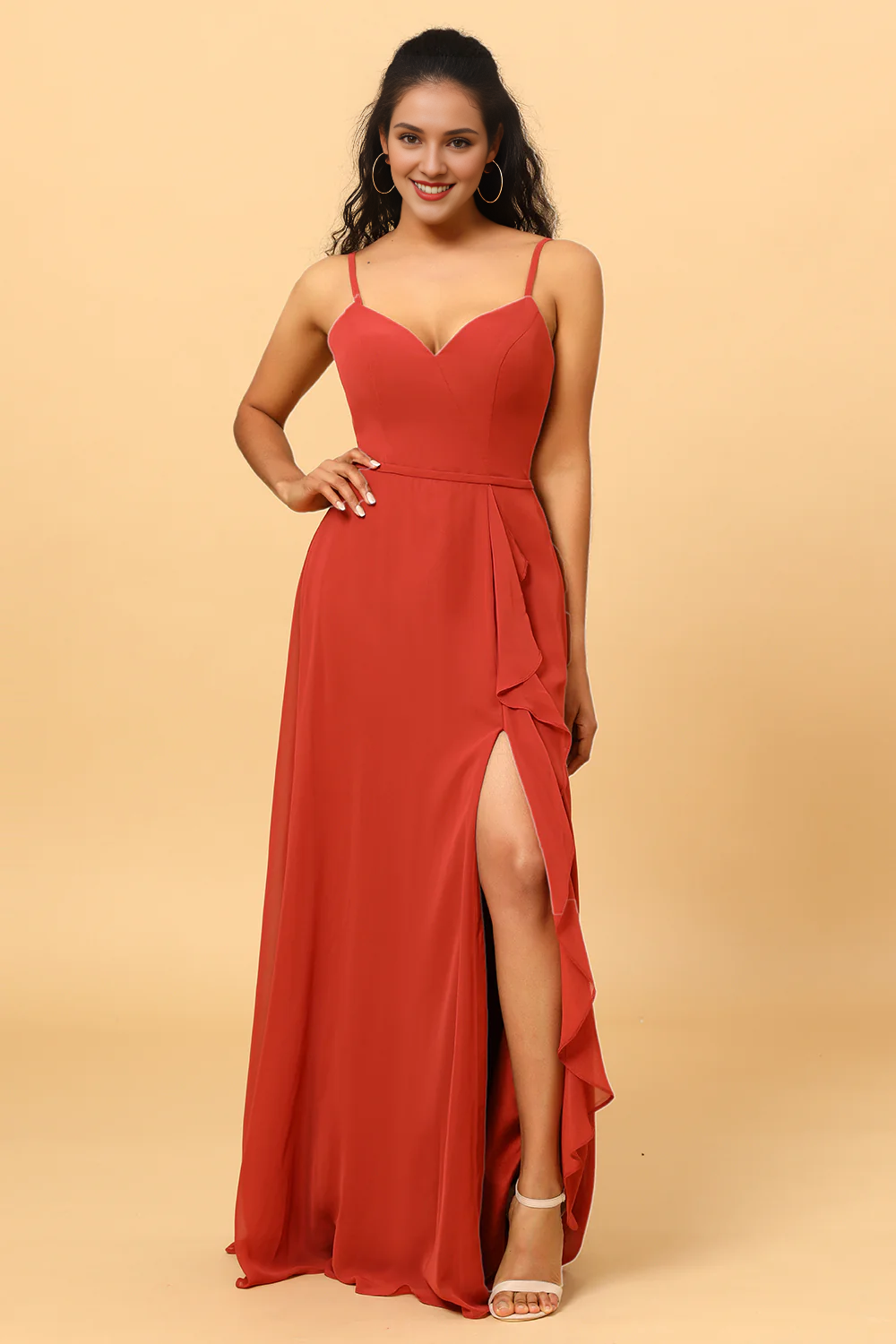 Red A Line Sweetheart Long Chiffon Ruffle Bridesmaid Dress