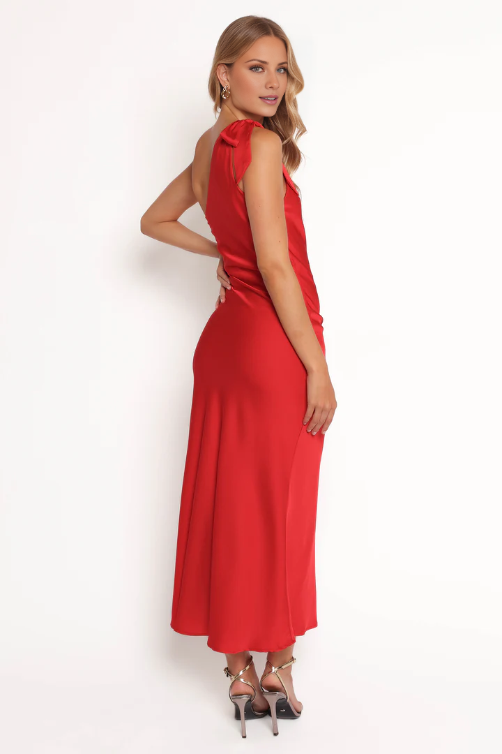 Jimiss single shoulder collar satin side slit long Prom dress