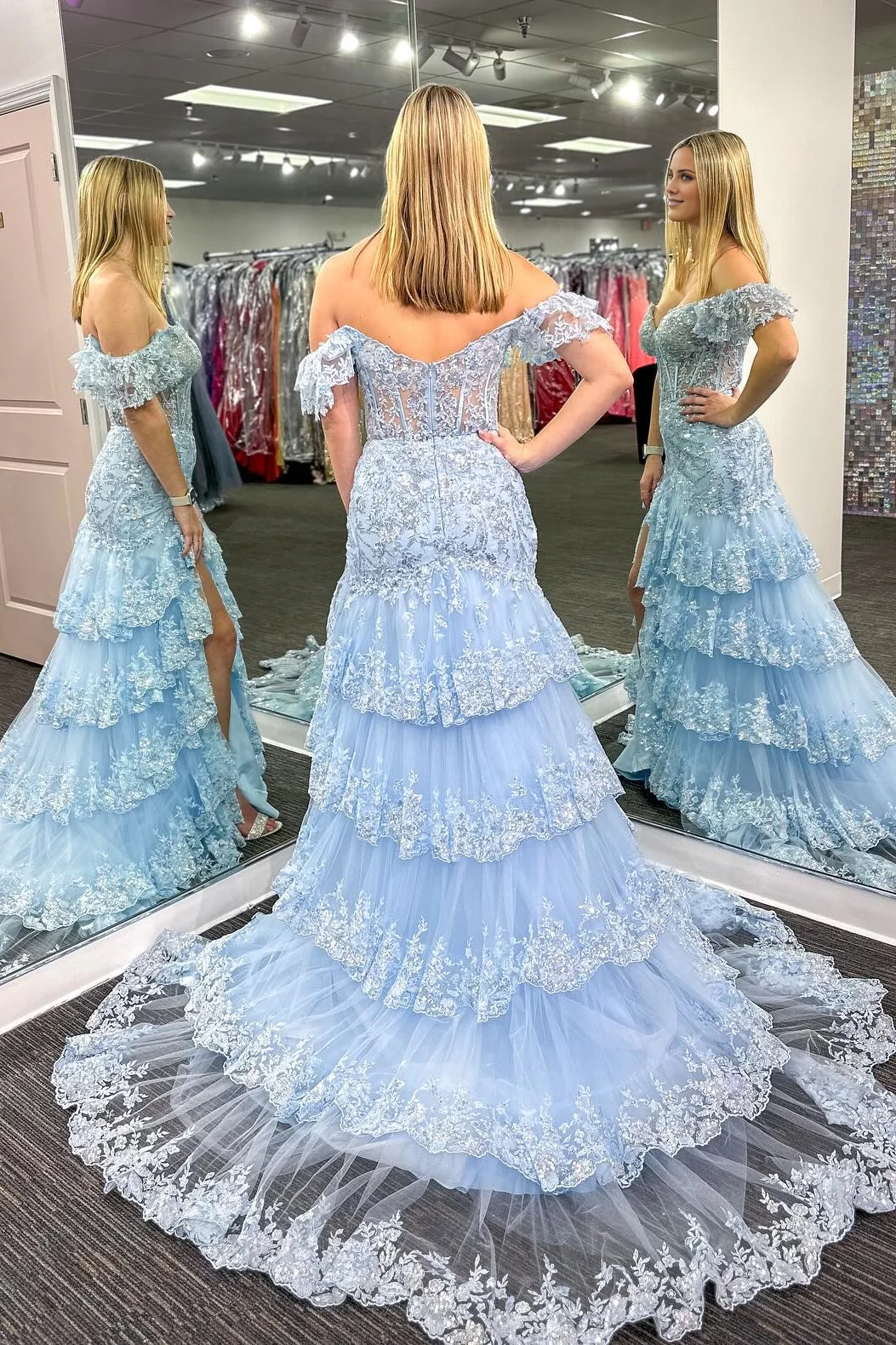 Jimiss off shoulder red sequin layered mermaid long dress