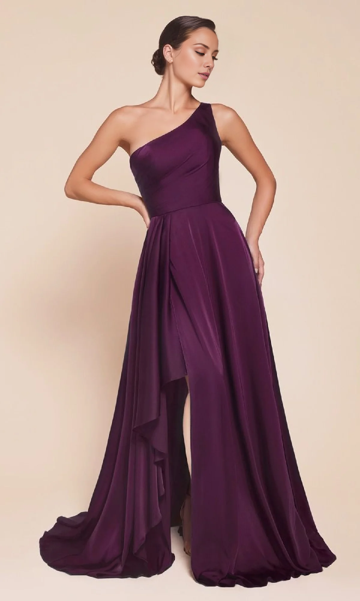 Jimiss A-line satin single shoulder long side slit and floor length evening dress
