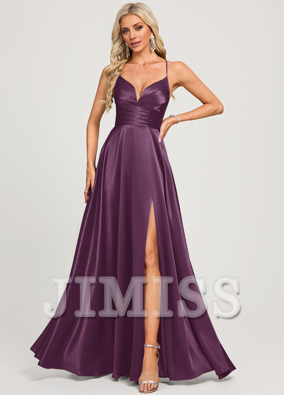 A-line V-neck floor-length pleated satin prom dress