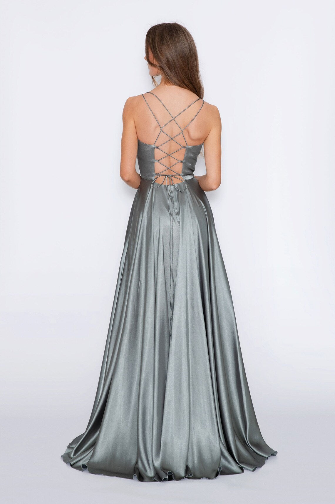 Jimiss slim shoulder strap V-neck backless side slit and floor length Prom dress