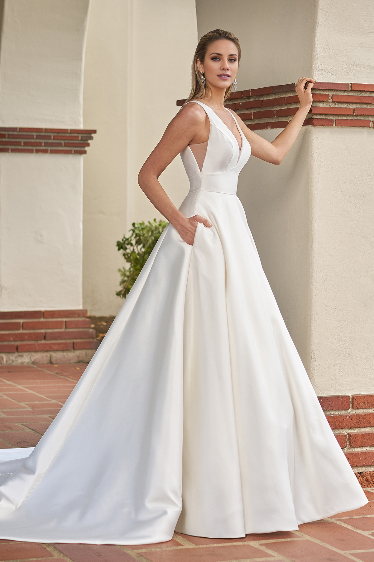 A-line V-neck satin high waisted and floor length wedding dress