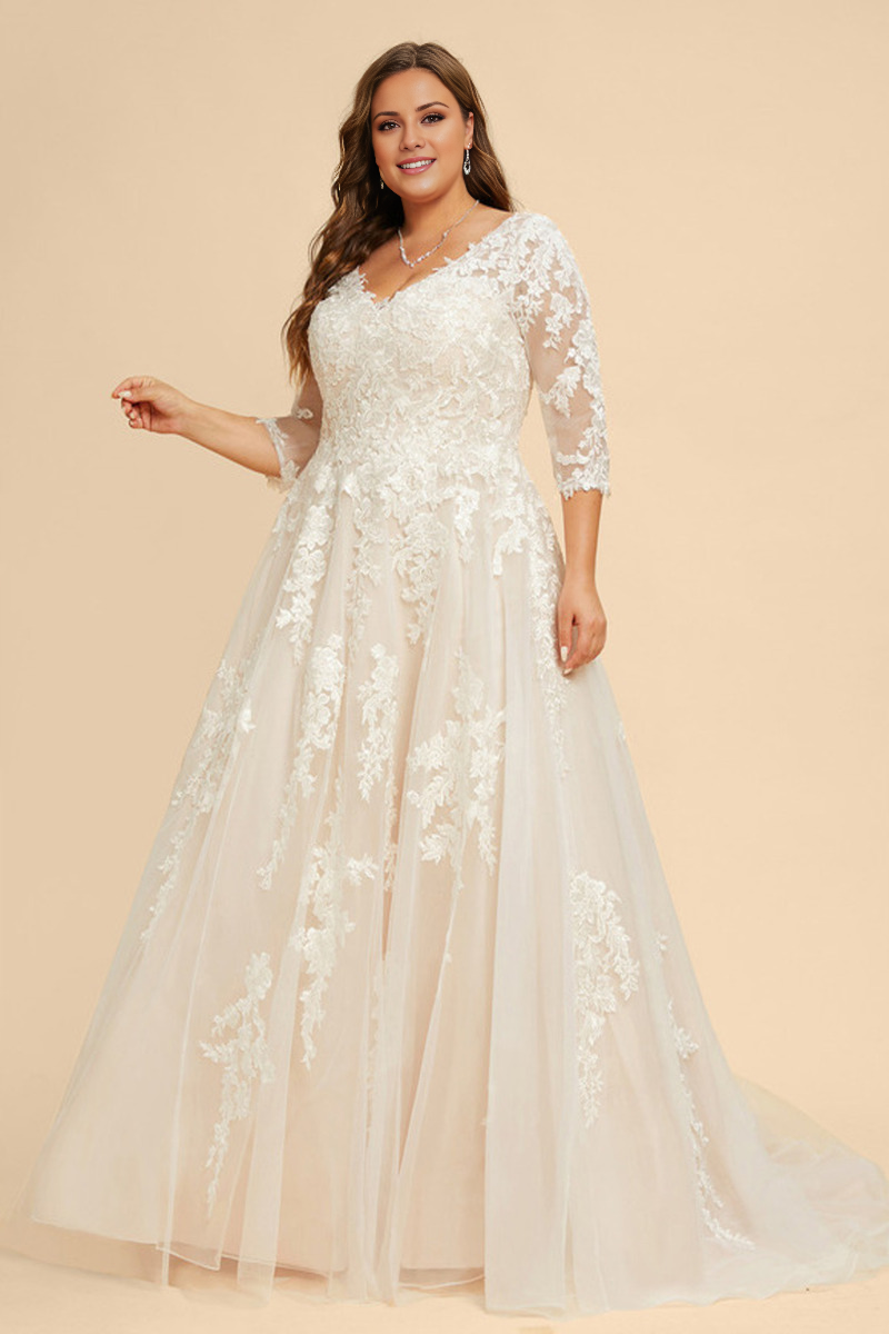 A-line V-neck sweeping trailing skirt 3/4 sleeves sequined chiffon lace wedding dress