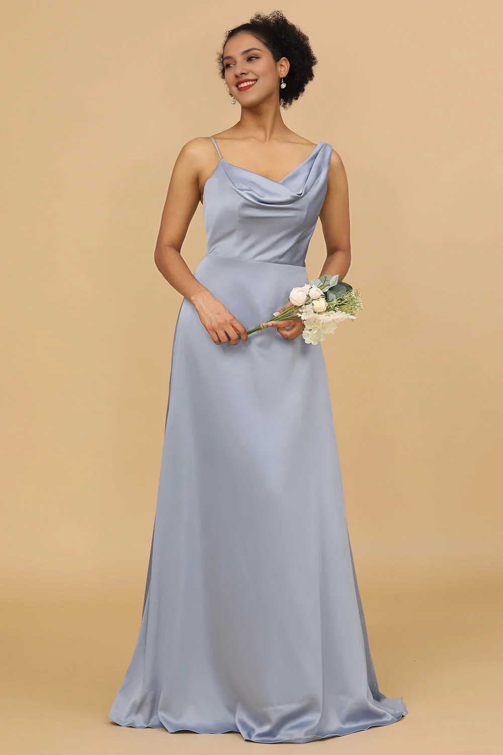 Grey blue A-line asymmetrical neckline satin long bridesmaid dress