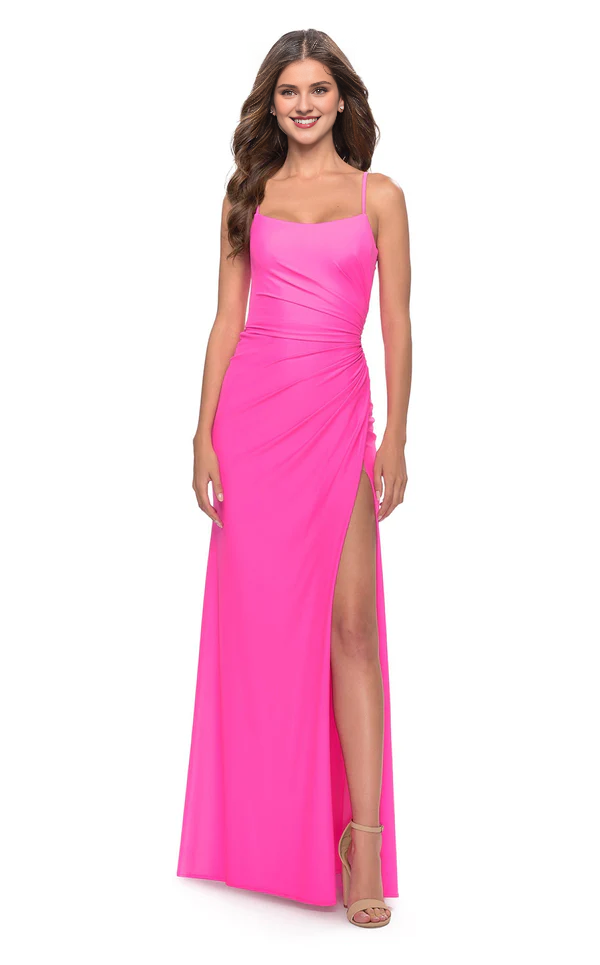 Square neckline sleeveless tight corset with side slits and floor length evening dress