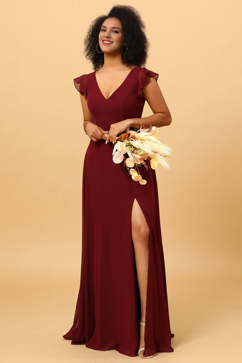 Cabernet A Line V-neck strapless long slit chiffon bridesmaid dress