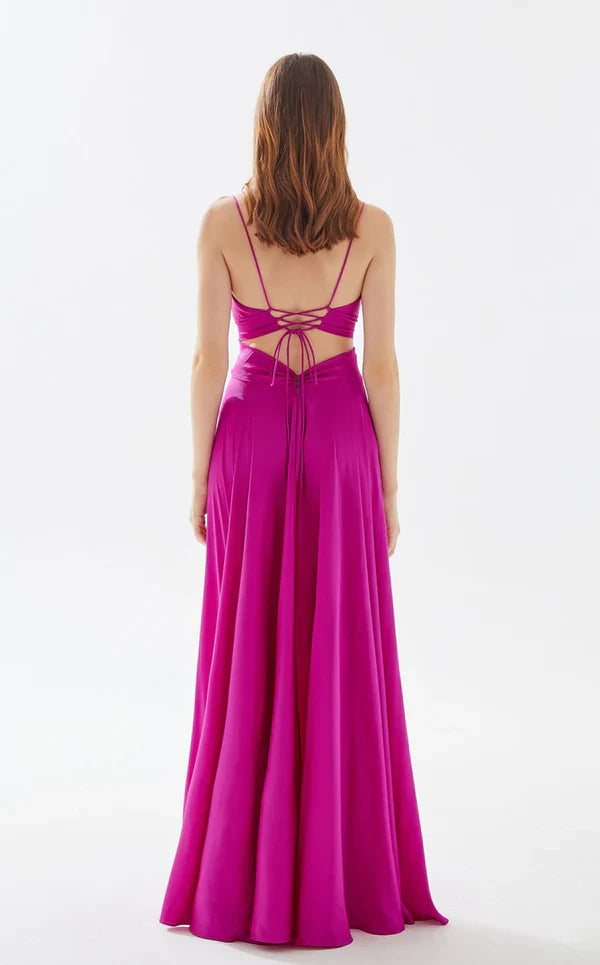 A-line deep V-neck thin shoulder strap and floor length evening dress