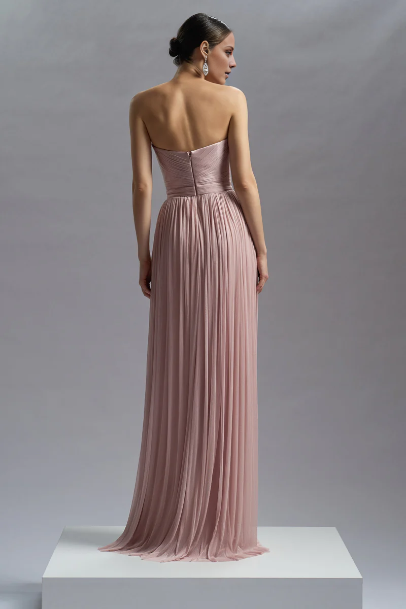 A-line chiffon pleated garment with slit and floor length evening gown