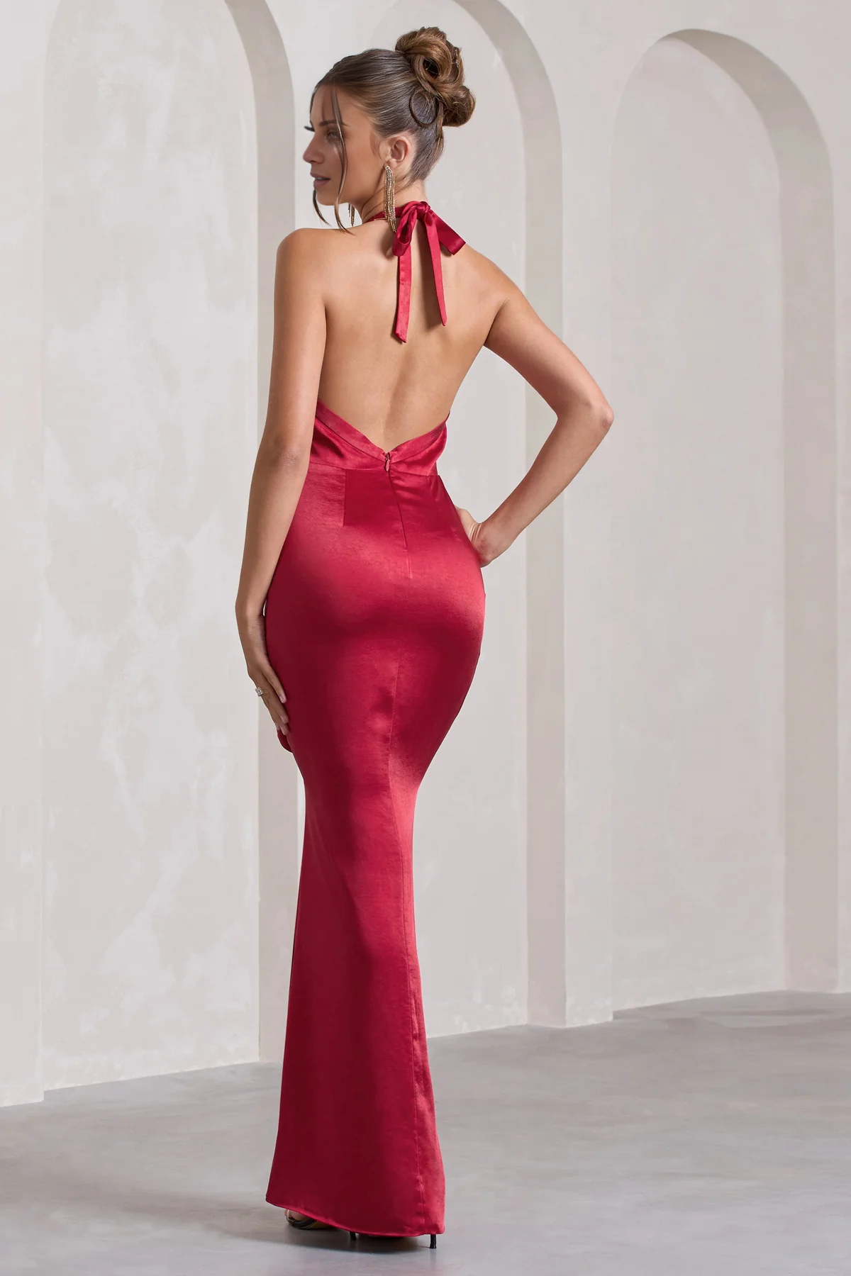 Satin low V hanging neck open back slit and floor length evening dress - jimiss Dress