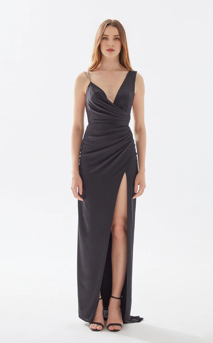 V-neck asymmetrical shoulder strap wrap and floor length evening dress