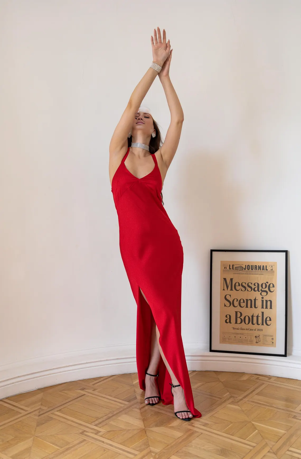 Jimiss slim shoulder strap V-neck side slit and floor length Prom dress