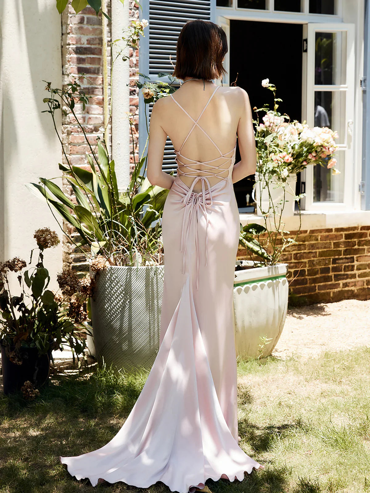 Drawstring backless long godons evening dresses