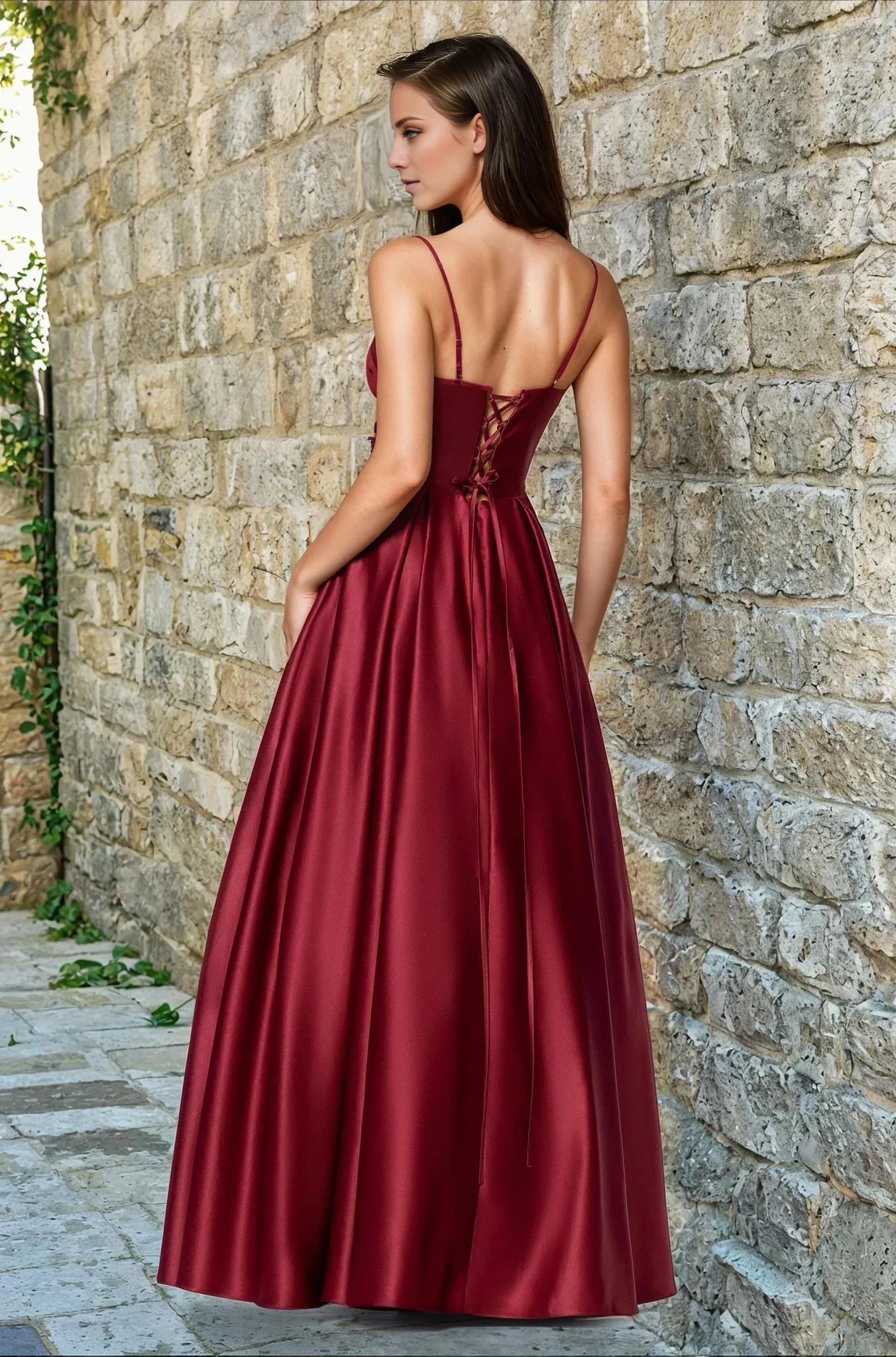 Jimiss A-line V-neck slim shoulder strap backless and floor length evening dress
