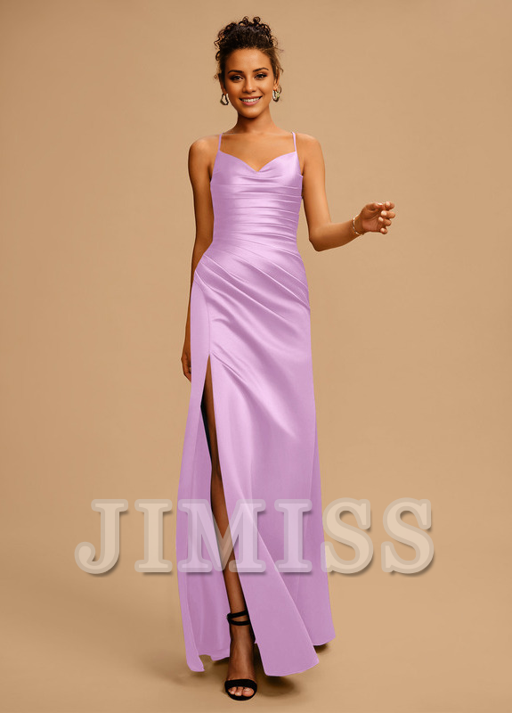 Bodycon/straight V-neck floor-length pleated satin prom dress