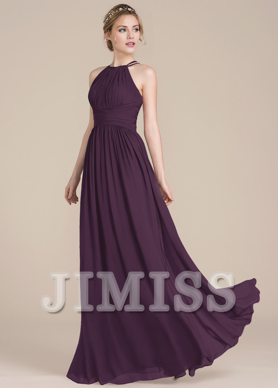 Ruffled A-line scoop neck floor-length chiffon prom dress