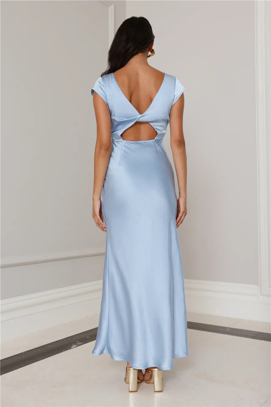 Jimiss V-neck satin short sleeved backless long Prom dress