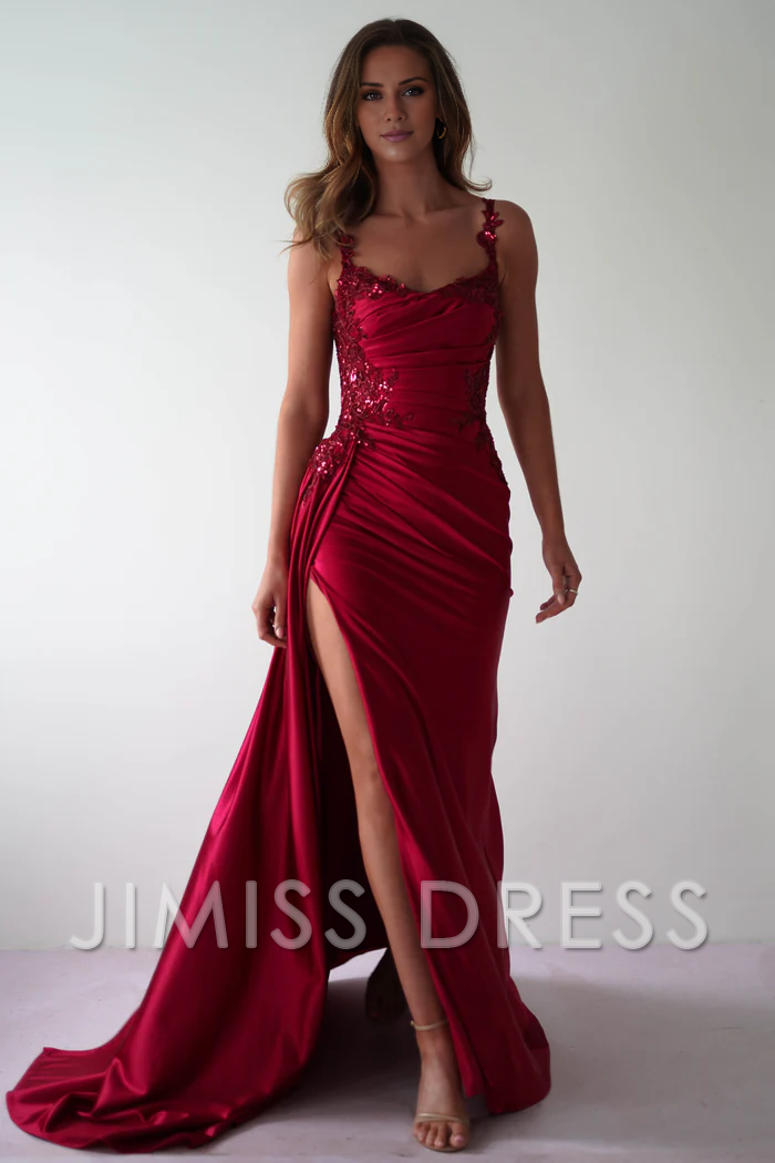 Jimiss Thin shoulder strap waistband fits snugly satin evening gowns