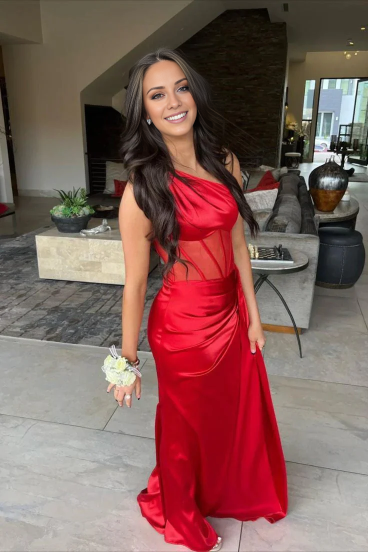 Jimiss One Shoulder Hot Pink Split Mermaid Long Prom Dress