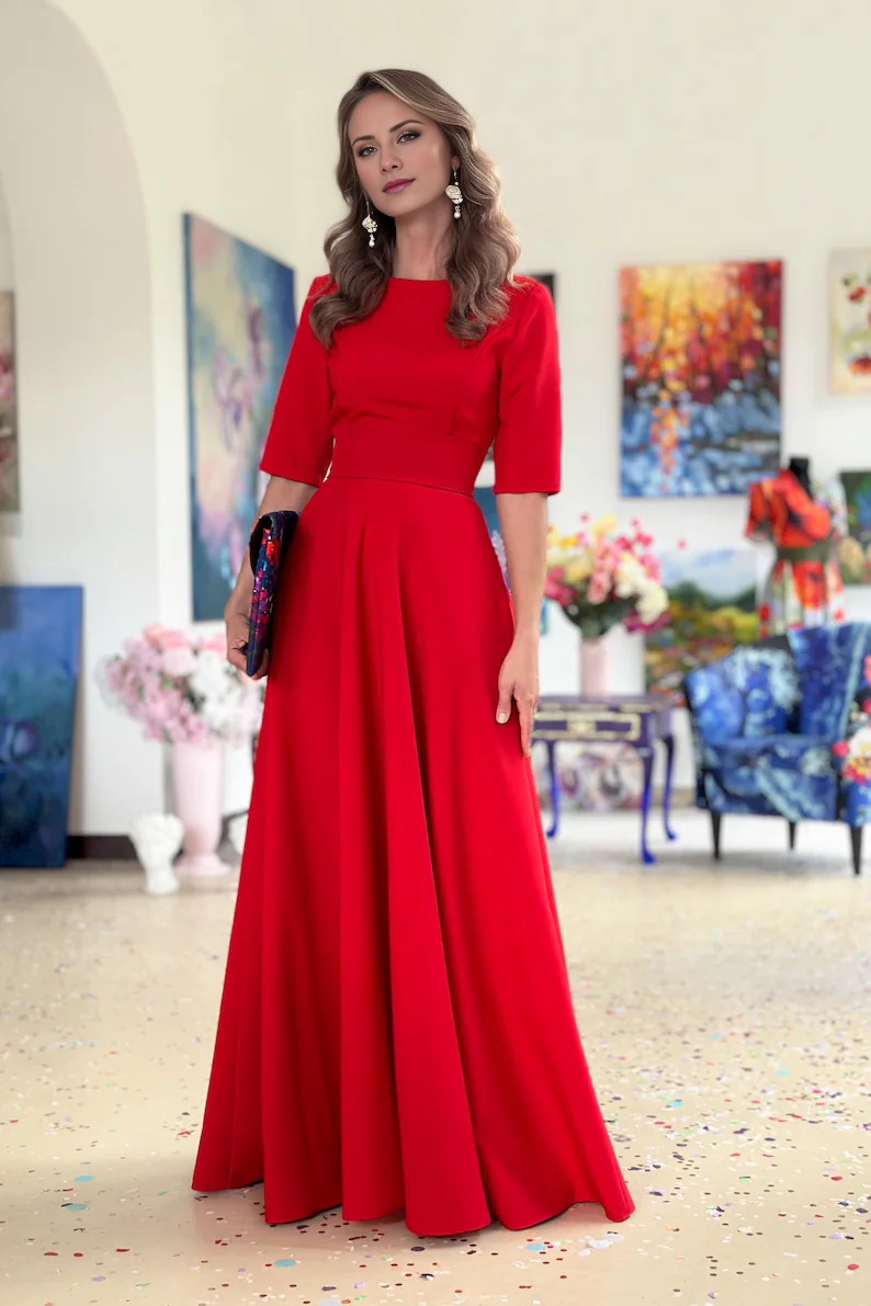 Jimiss - Short sleeved boat neck trumpet and floor length Prom dress