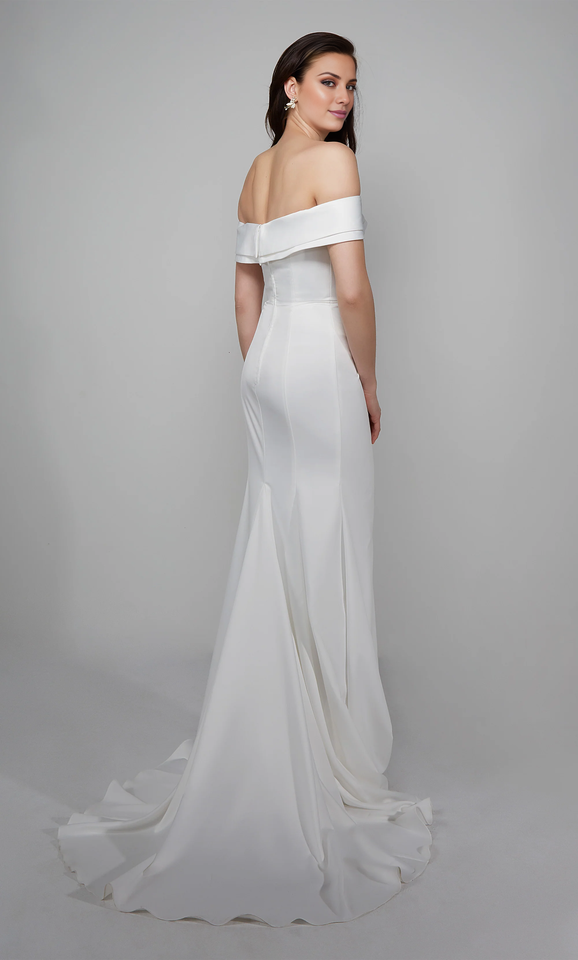 Perfect satin off shoulder straight tube backless side pleated high slit wedding dress
