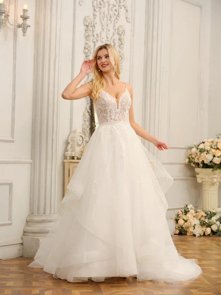 Thin shoulder strap with applique beads V-neck sleeveless long wedding dress