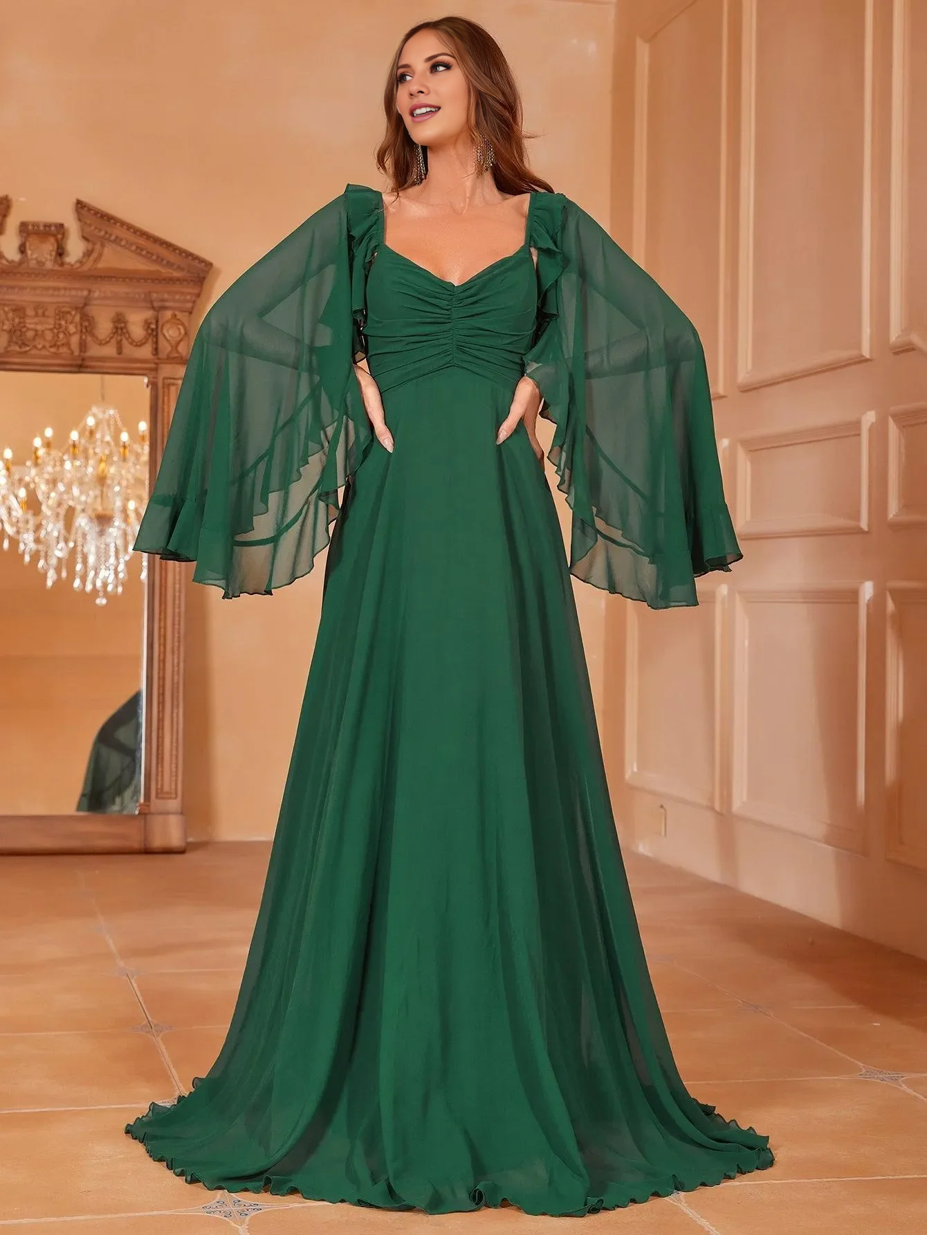 Cape sleeve chiffon backless and floor length formal dress