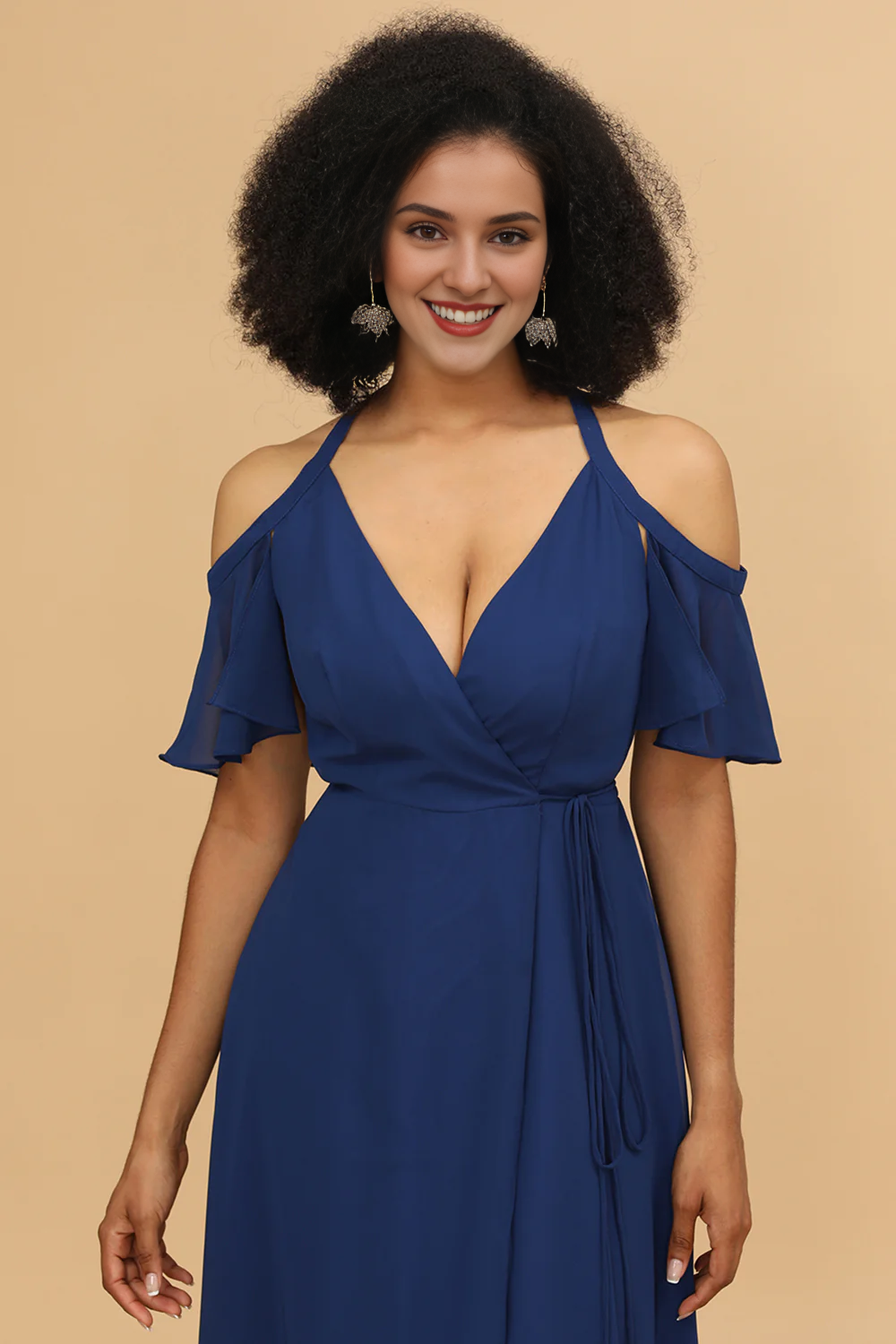 Navy blue split A-line shoulder chiffon bridesmaid dress