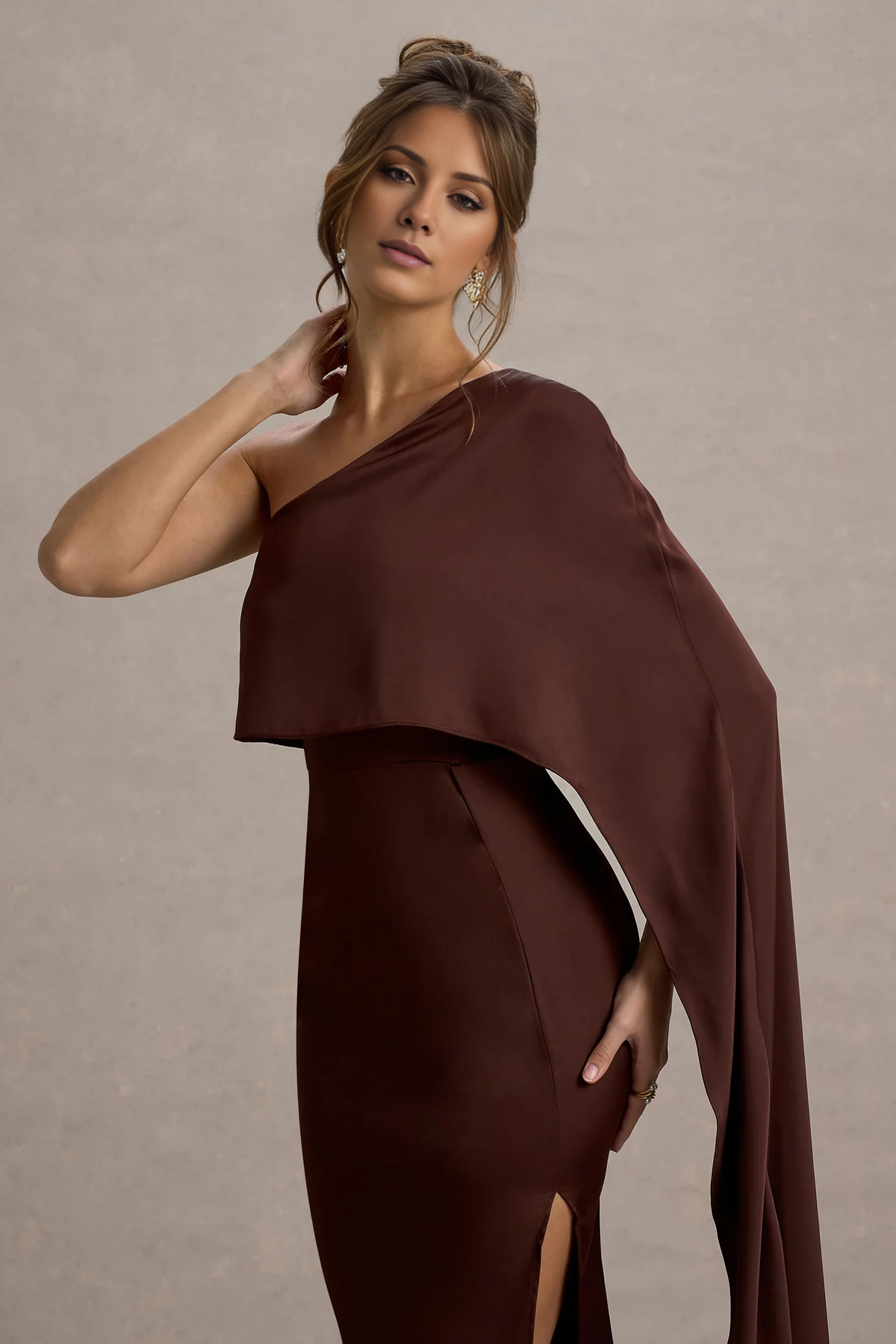 Asymmetric satin cape with side slit and floor length even dress - Jimiss Dress