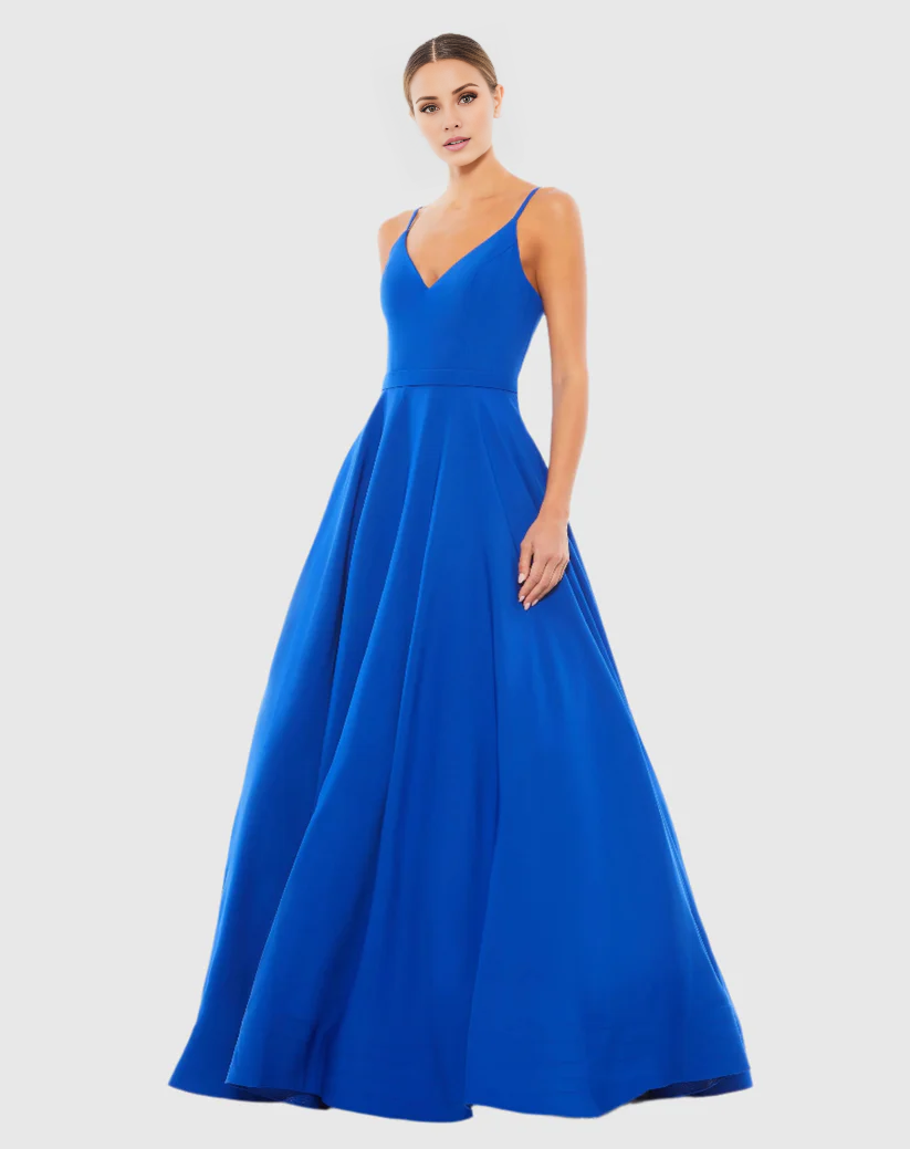 A-line V-neck spaghetti strap sleeveless floor-length evening dress